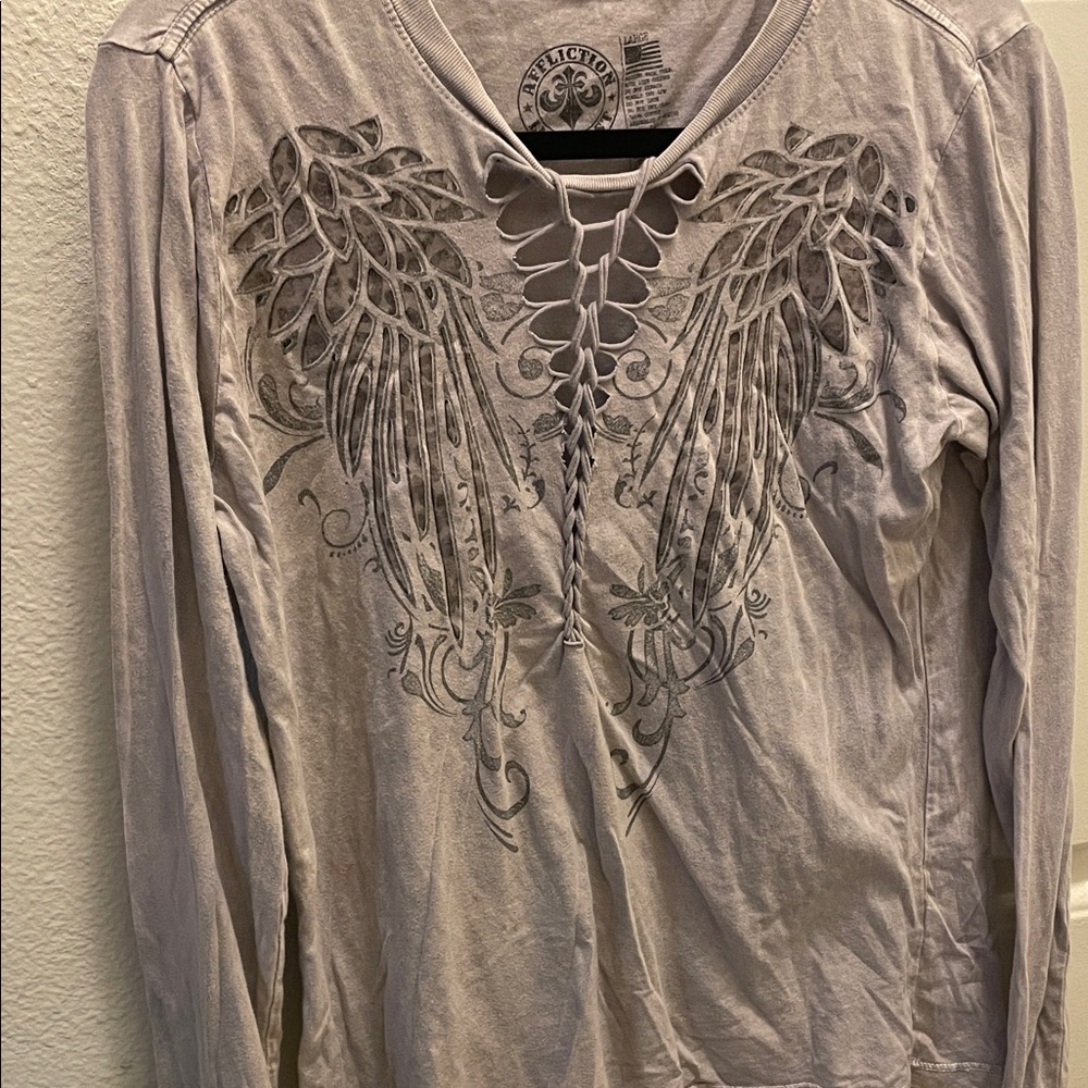 Affliction Light Gray Wing Design Long Sleeve Top